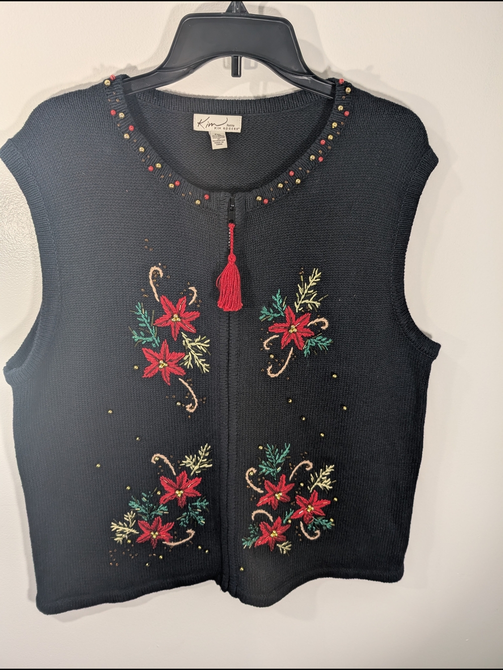 Kim Rogers Christmas Black Embroidered Poinsettia Vest with Red Tassel
